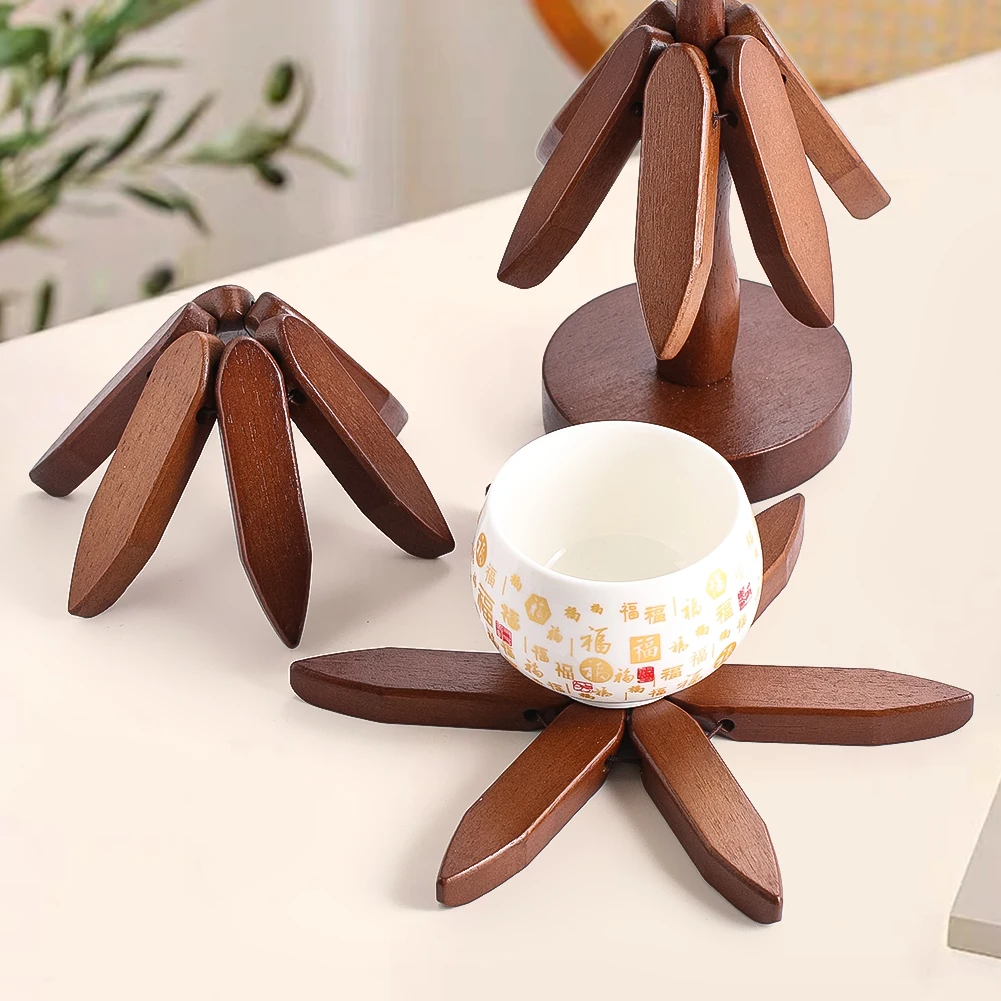 Wooden Flower and Leaf Folding Tea Cup Holder Table Mat Heat Insulating Mat Set Cultural Auspicious Decorations
