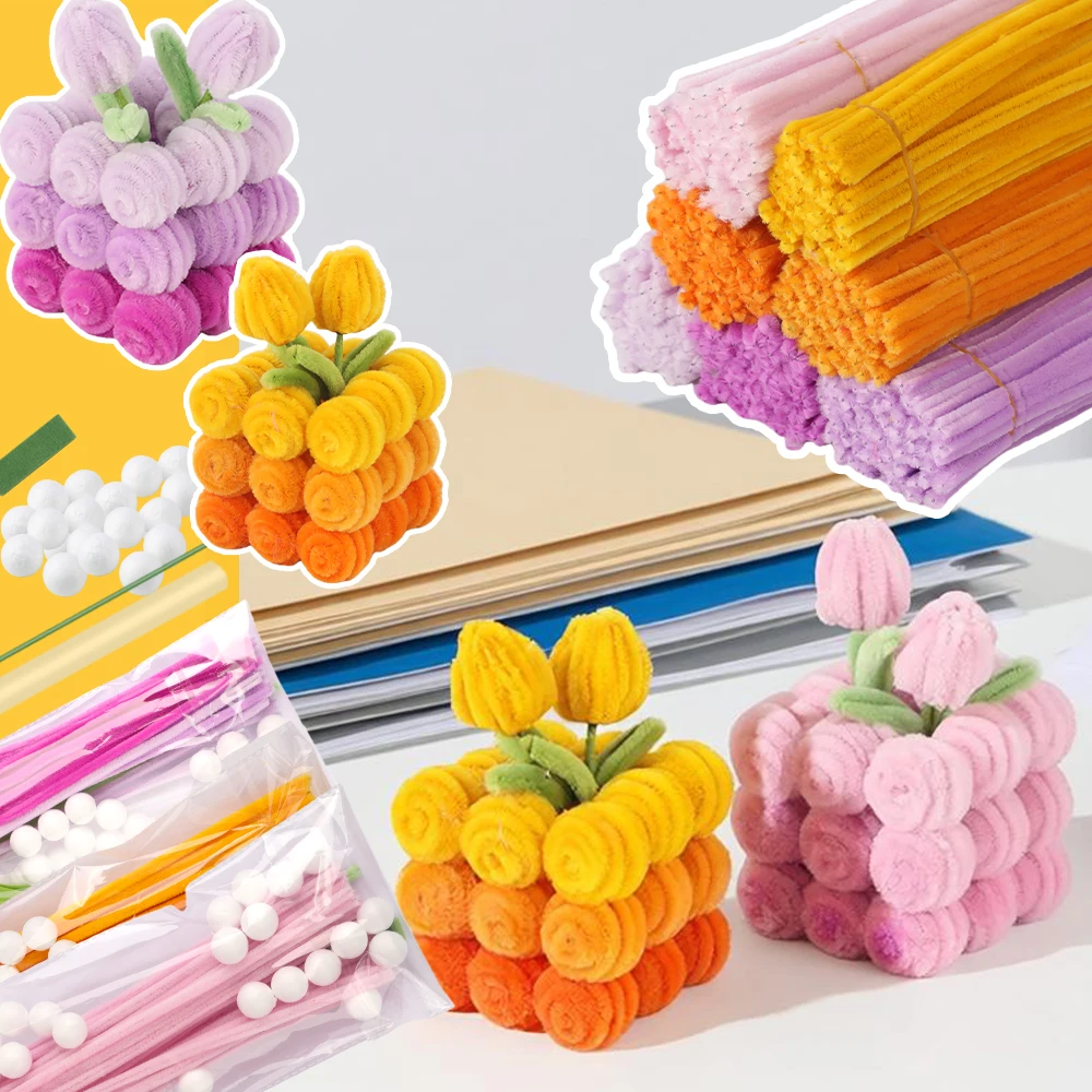 Tulip Planter Accessory Set Pipe Cleaner Craft DIY Kit Simple Style 3 Color Mini Planters Handmade DIY Tulips