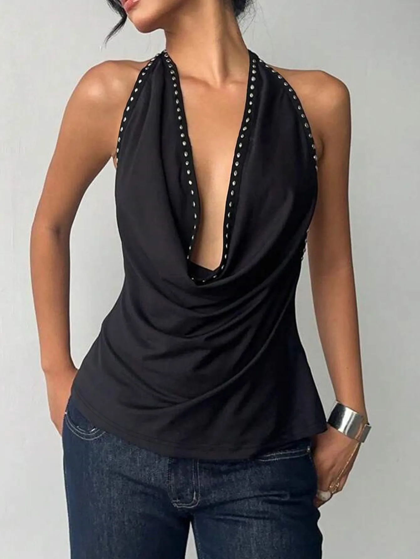 Summer Europe and America Cross border Sleeveless Hanging Neck Swinging Collar Bareback Solid Color Top Riveted Sexy Women Vest