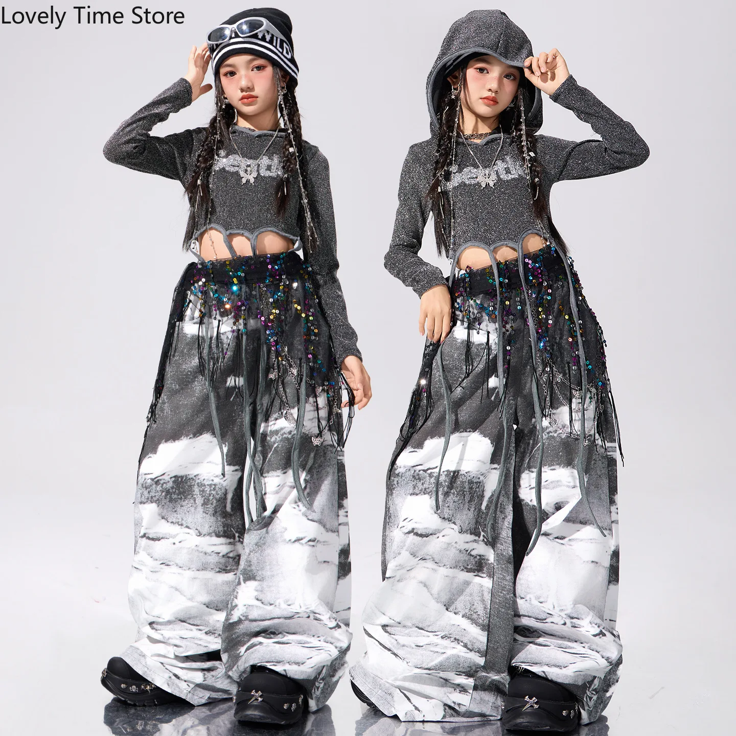 Girls Hip Hop Cool Sequin Crop Hoodies Contrast Cargo Pants Children Streetwear Girl Group Costume Kids K-pop Dance Clothes Sets