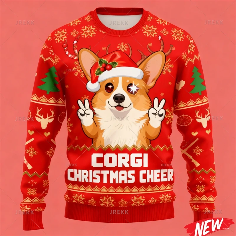 Animal Corgi Graphic Ugly Christmas Sweater Men Cartoon 3d Printed Pets Dog Crewneck Hoodie New Year Long Sleeve Xmas Sweatshirt