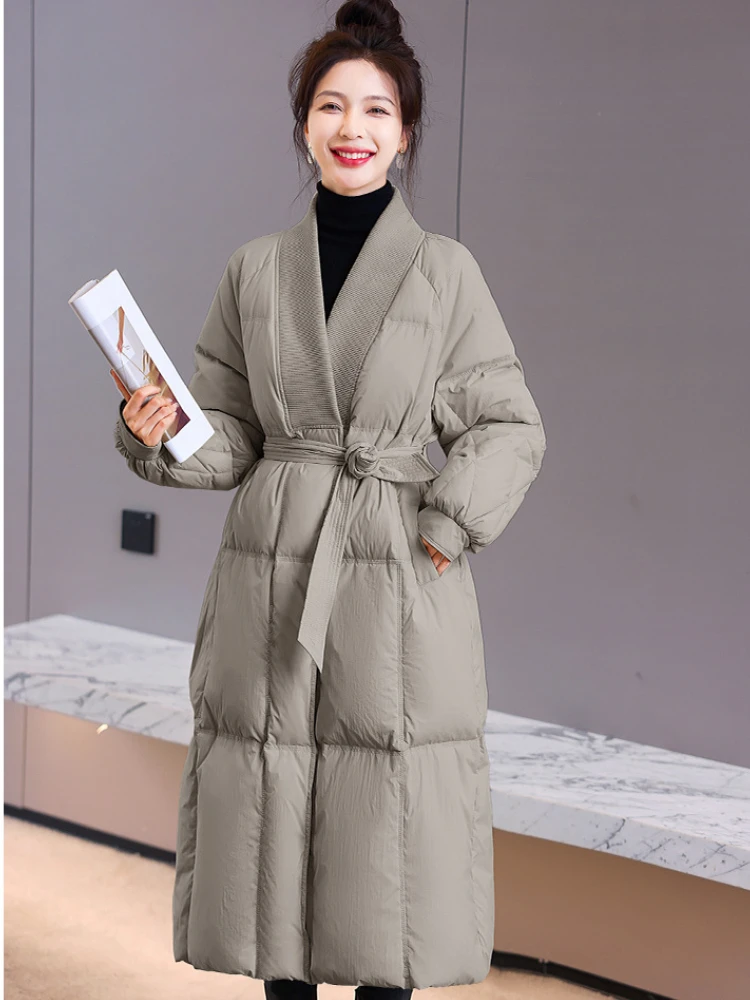 Winter New Down Coats Jacket for Women Simple Loose Elegant Puffer Coats Patchwork V-neck Thick Warm Mid-length Down Jackets