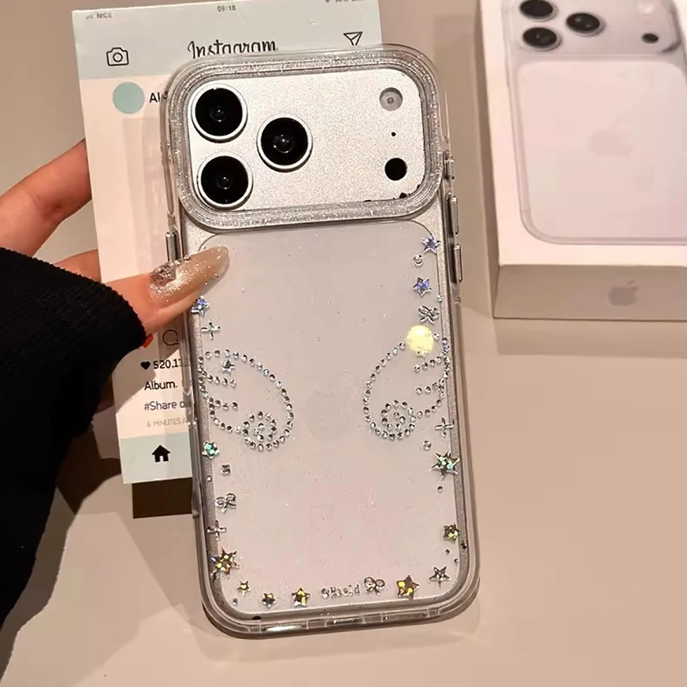 Glitzer-Engelsflügel Luxus Bling Stern Pailletten Handyhülle für iPhone 17 Pro Max 14 15 16 Pro Max 13 Schutzhülle Sturzsichere Transparente Abdeckung