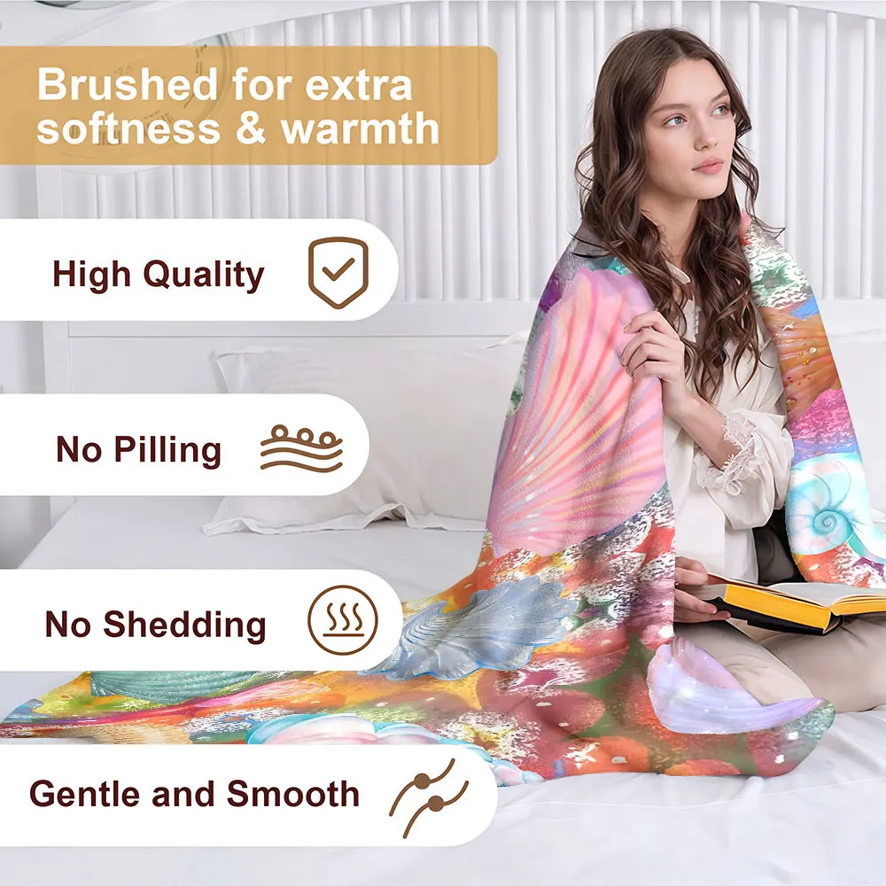 Colorful Seashell Collage Soft Warm Flannel Blanket Lightweight Cozy Christmas Halloween Home Decor Room