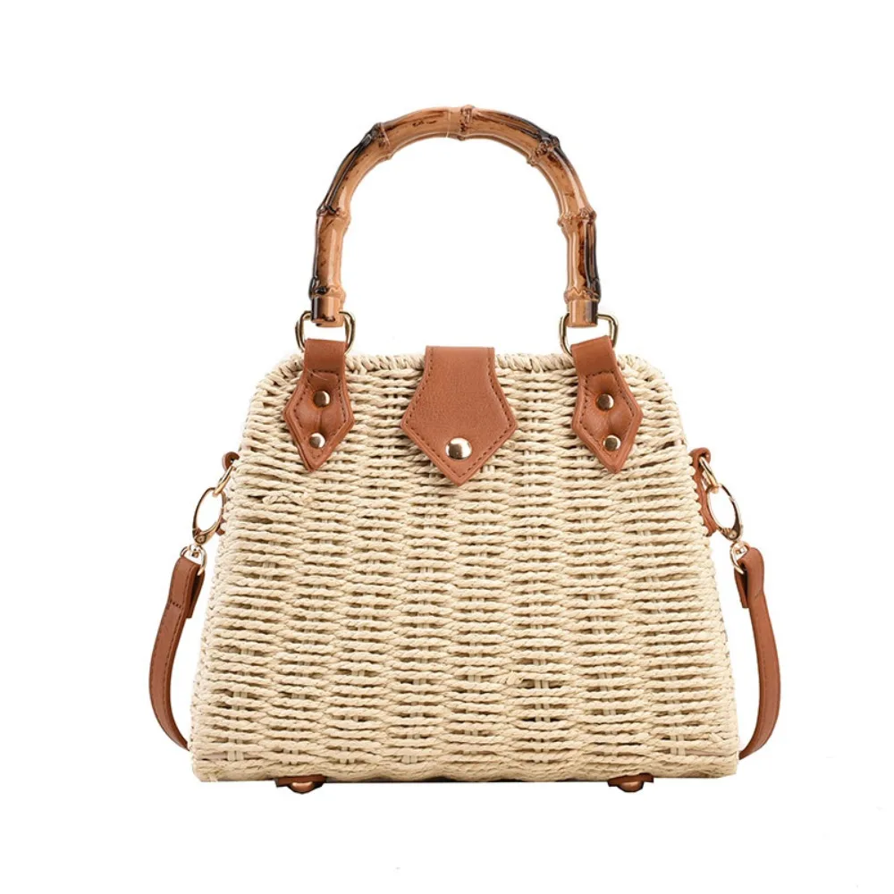 Elegant Vintage Bamboo Handle Rattan Straw Woven Bag Bohemian Crossbody Bag Outing Sling Bag Shoulder Bag