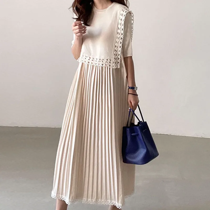 Chic été femmes ample longue plissée Dr rond Ne évider conception épissage doux Simple coréen Sle trajet