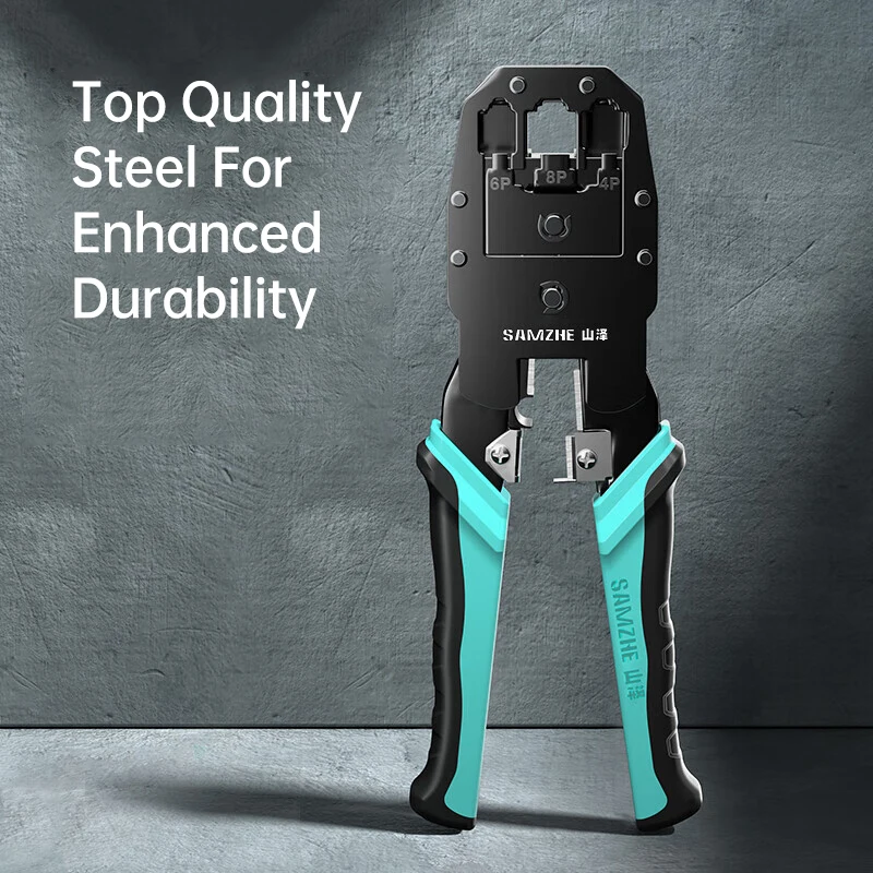 SAMZHE RJ45 Pinza a crimpare Pass Through Crimper Stripper Cutter per Cat7 Cat6 Cat5e 8P8C Connettore modulare Strumento per cavi Ethernet