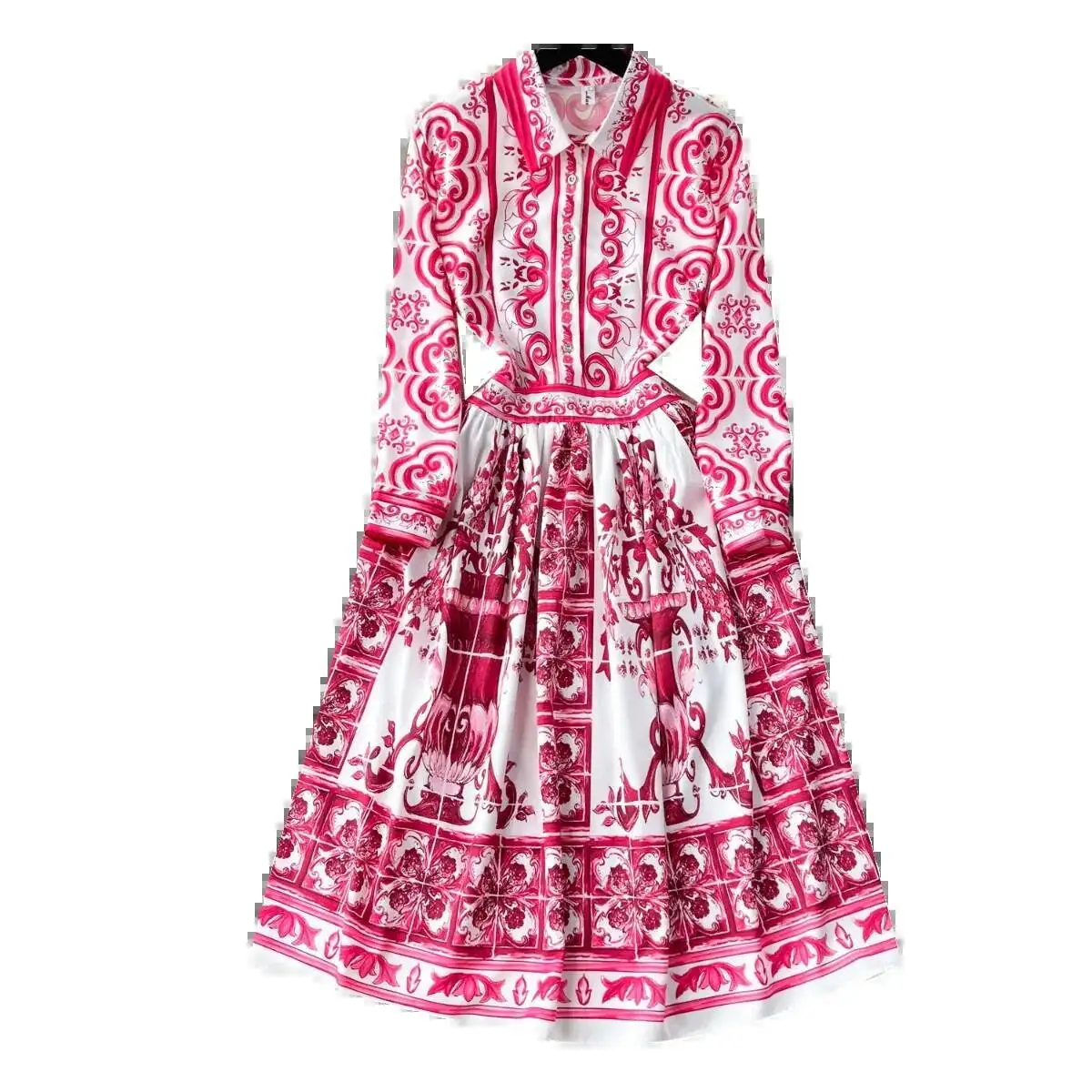 Wybieg mody JAMERARY czerwony niebieski biały nadruk porcelanowy sukienka koszula kobiety z długim rękawem suknia za kolano linia plisowana kwiecista przedsionków