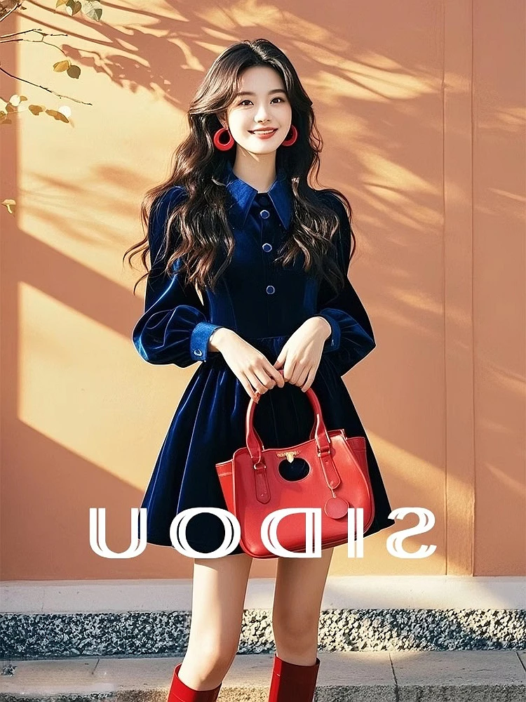 

Slimming Blue Spring New Sle Women's Dr Collar Waist-Cinching Casual Faionable Long Sve Korean Version