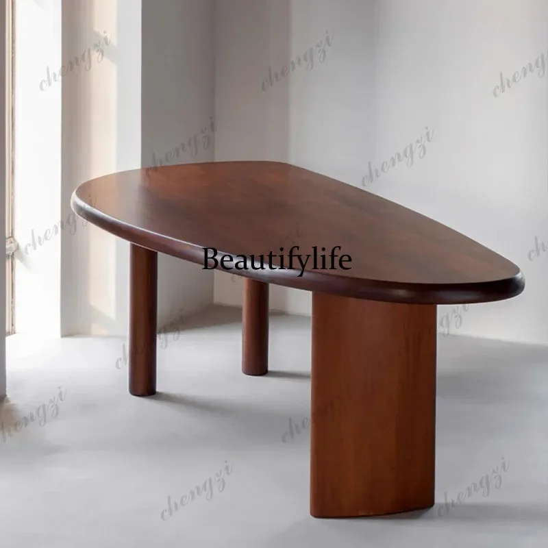A4567French modern simple solid wood oval mango dining table household small apartment black texture high-end log dining table
