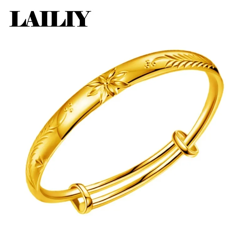 LAILIY925 Sterling Silver 18K Gold Simple Stretched Carved Petal Hollow Out Adjustable Bangle for Women Fashion Jewelry