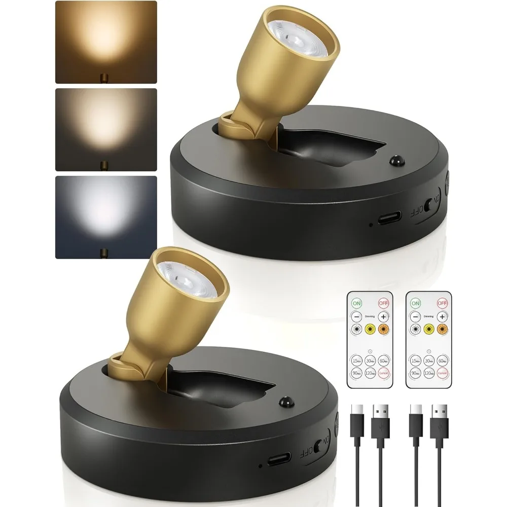 

Перезаряжаемые мини-светодиодные прожекторы, беспроводные, с дистанционным управлением, регулируемой яркостью, 3 цвета, таймер, акцентная подсветка для картин, растений, декора, 2 шт.