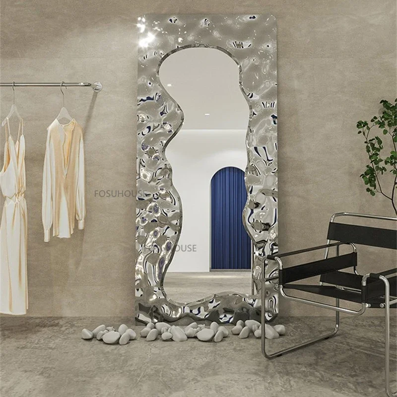 Luxury Nordic Full Mirrors Length Silver Light Water Ripple Household Creative Floor Mirrors Home Espejo Decoration Home