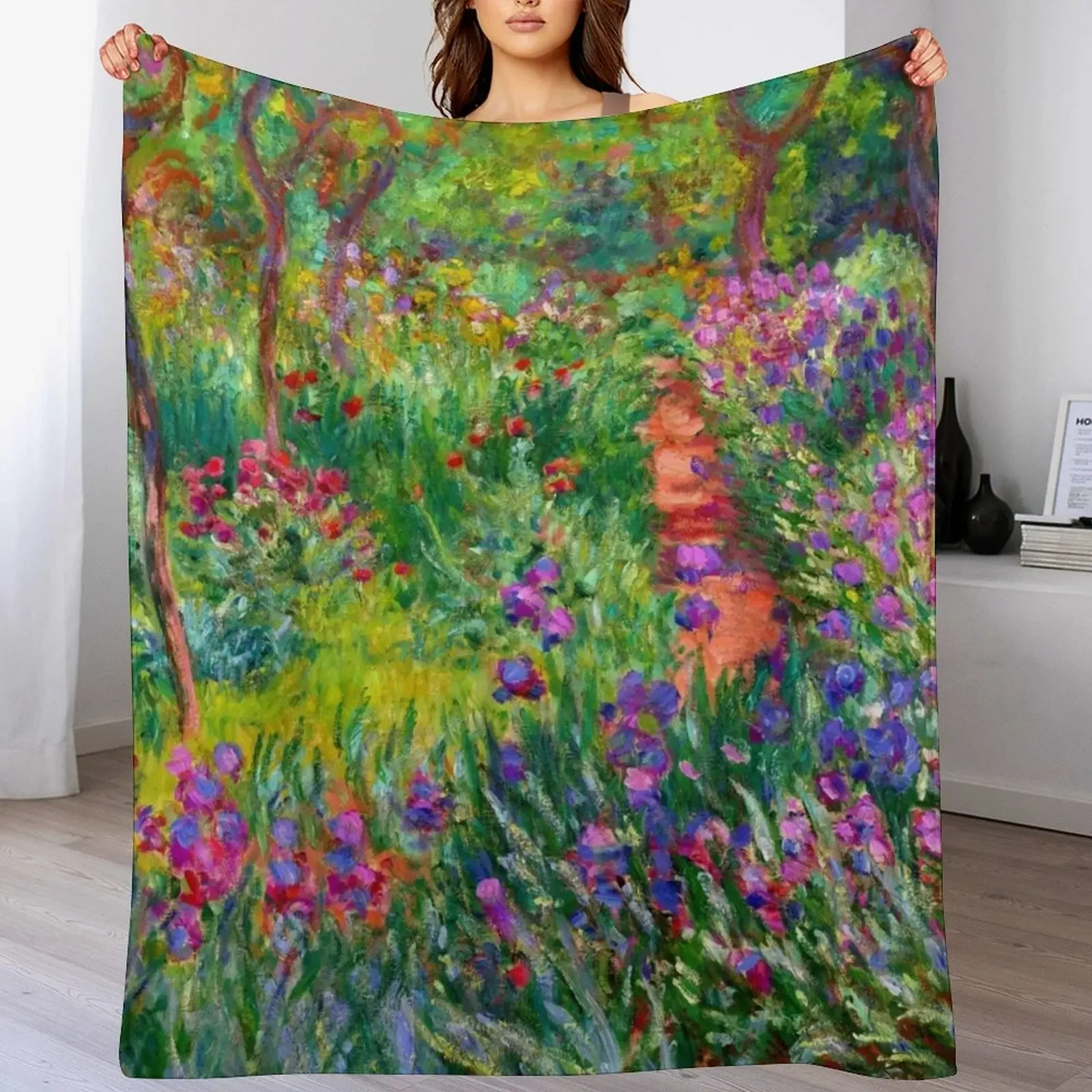 Monet : The Iris Garden At Giverny Throw Blanket Soft Plush Plaid Bed linens Blankets