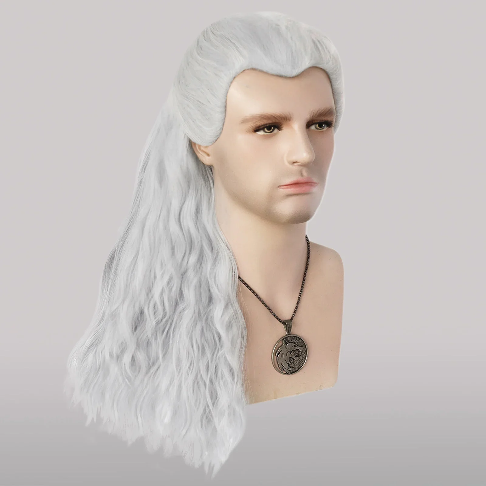 The Witcher 3: Wild Hunt Synthetic Hair Long Silver White Wavy Men'S Geralt Cosplay Wig for Halloween Christmas School