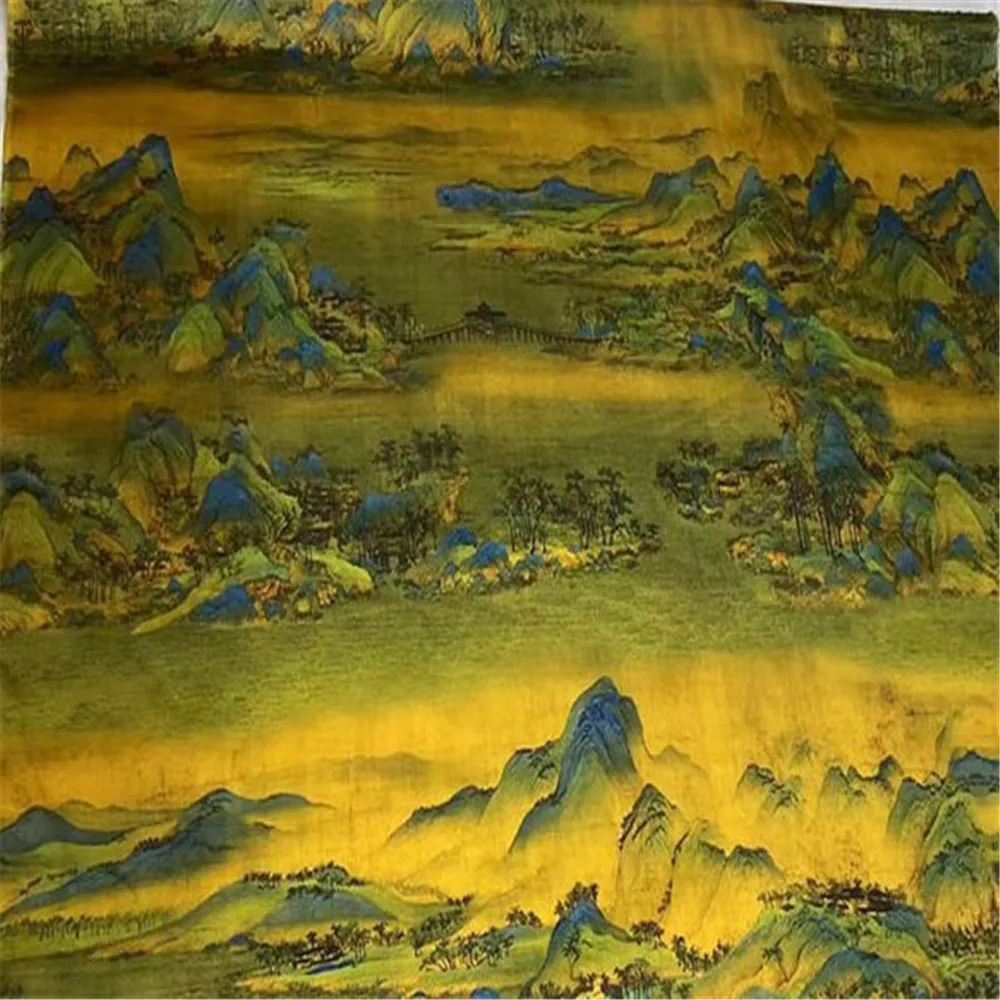 Chinese Landscape Painting Traditional Style Print Silk Stretch Satin Fabric for Lady Vintage Cheongsam