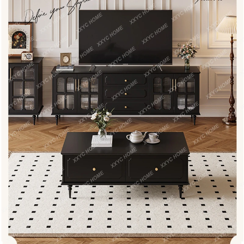 Living Room TV Cabinet and Tea Table Combination Simple Modern Small Apartment Heightened Black TV Stand French Style