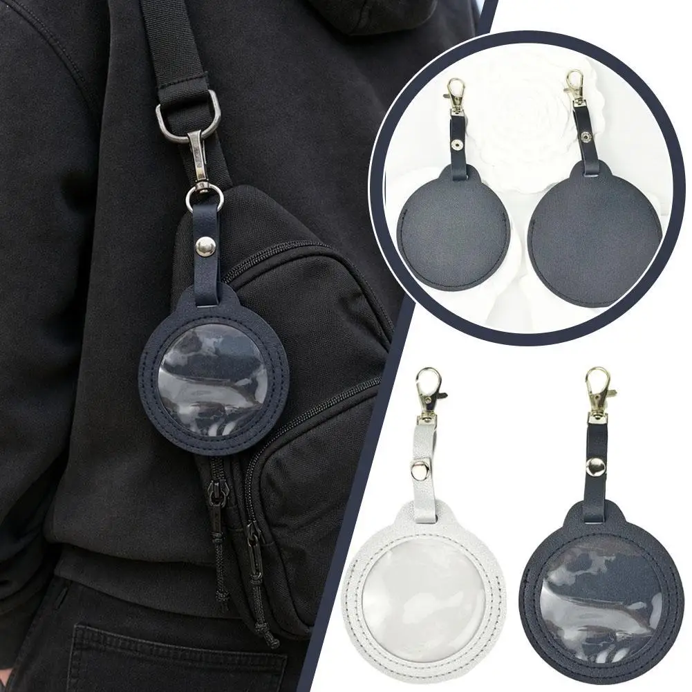 Round Clear Window Leather Keychain Bag Transparent Display Pouch Key Ring With Lobster Clasp Pendant Holder Keychain Accessory