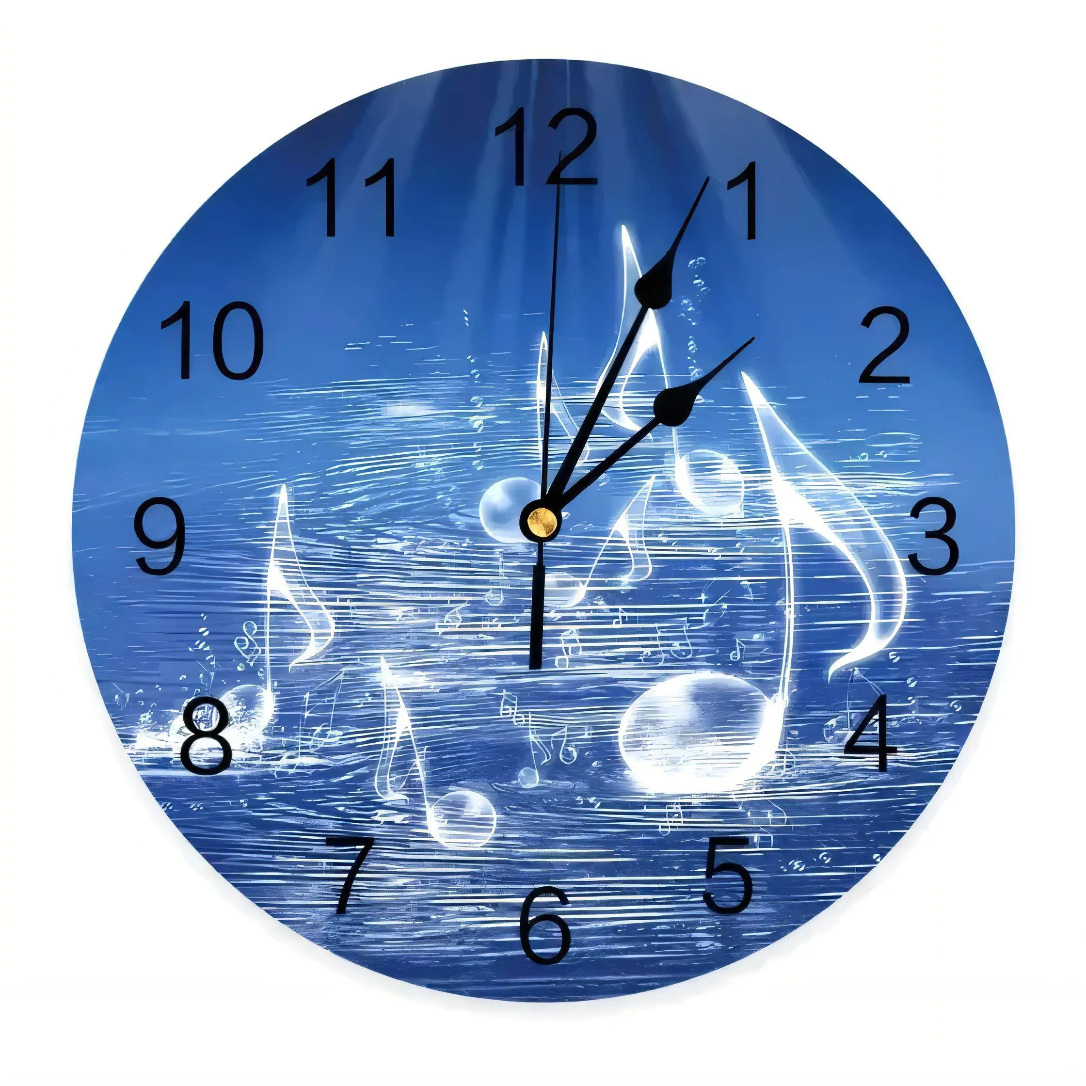 Modern Round Wall Clock  Vibrant Blue Musical Notes Underwater Theme Decorative Home Office Silent Non Ticking Battery Operated