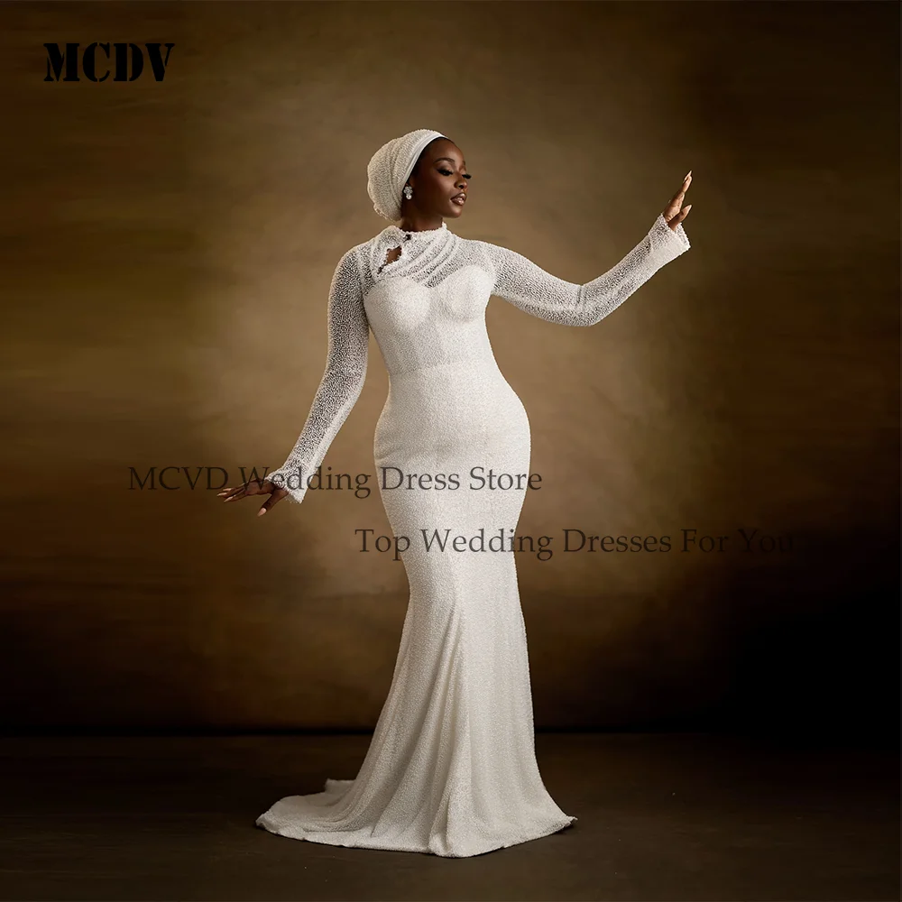 MCDV Customized O-Neck Beaded Lace Pearls Mermaid Wedding Dress African Sweep Train Long Sleeves Luxury Bridal Gown Sweep Train