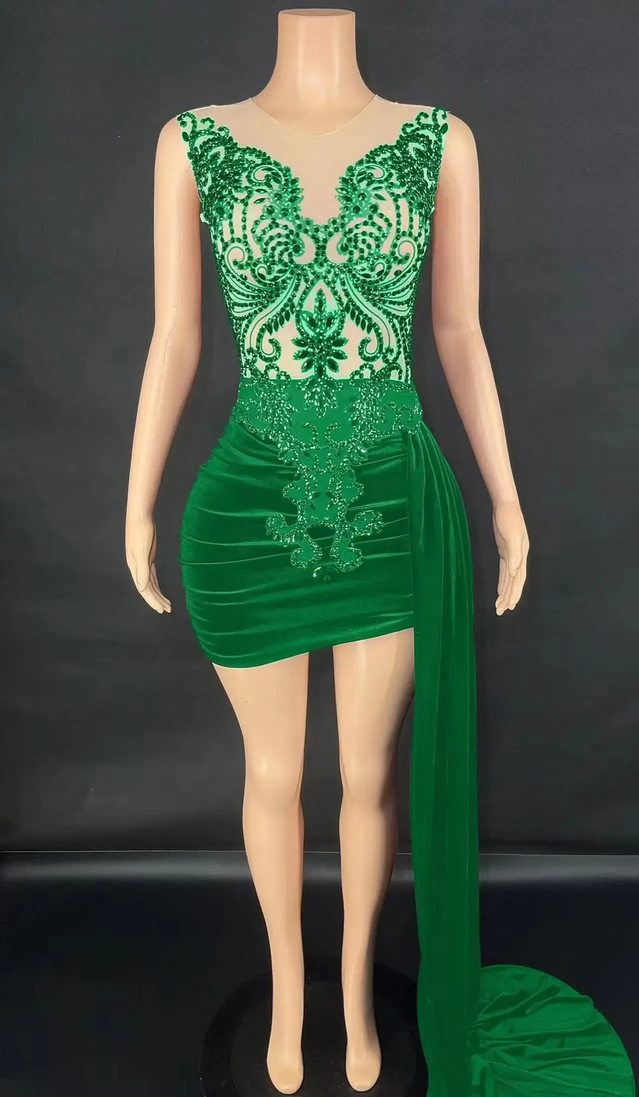 Luxury Black Rhinestone Mini Club Dresses Sleeveless Back Velvet Fold Sexy Dresses Women Night Club