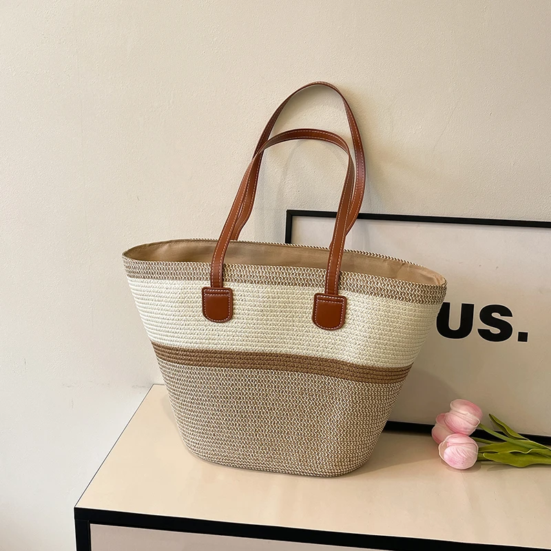 

Vacation Beach Shoulder Bag Woven Stripe Pattern Women Handbag Large Capacity Versatile Tote Bag for Summer Vacation