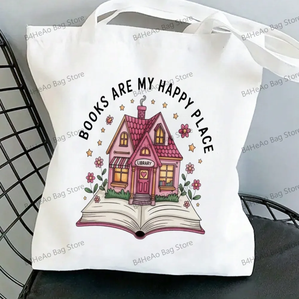 Women Canvas Shopping Bag Casual Large Capacity Book Print Female Shoulder Bag Eco Handbag Tote Reusable Grocery Shopper Bags
