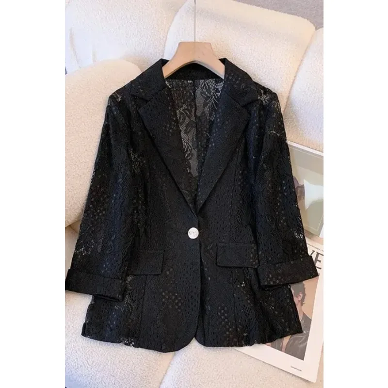 

Women's Lace Blazer 3/4 Sleeve Sheer Hollow Out Floral Lace Suit Jacket Casual Office Wear Single Breasted Notched Lapel Coat
