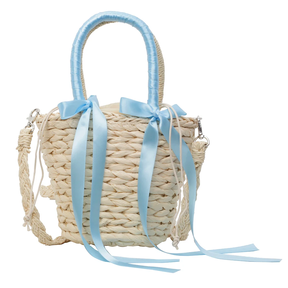 Women Summer Beach Bag Large Capacity Bow Straw Woven Tote Bag Elegant Top-Handle Bags Drawstring Closure for Outdoor Travel