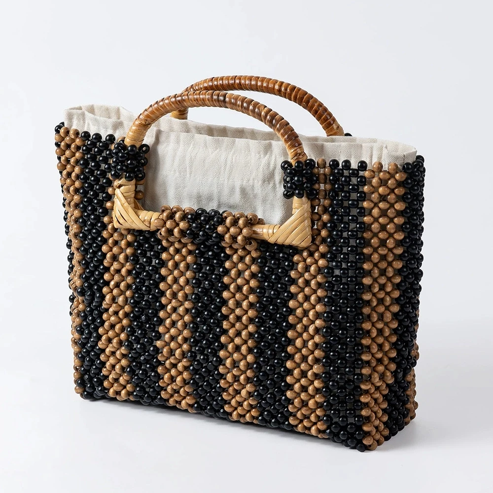 Hollow Beading Bags for Women Bamboo Handle Handbags and Purses Handmade Woven Beach Bag NEW Bohemian Travel Bags Clutch Chic
