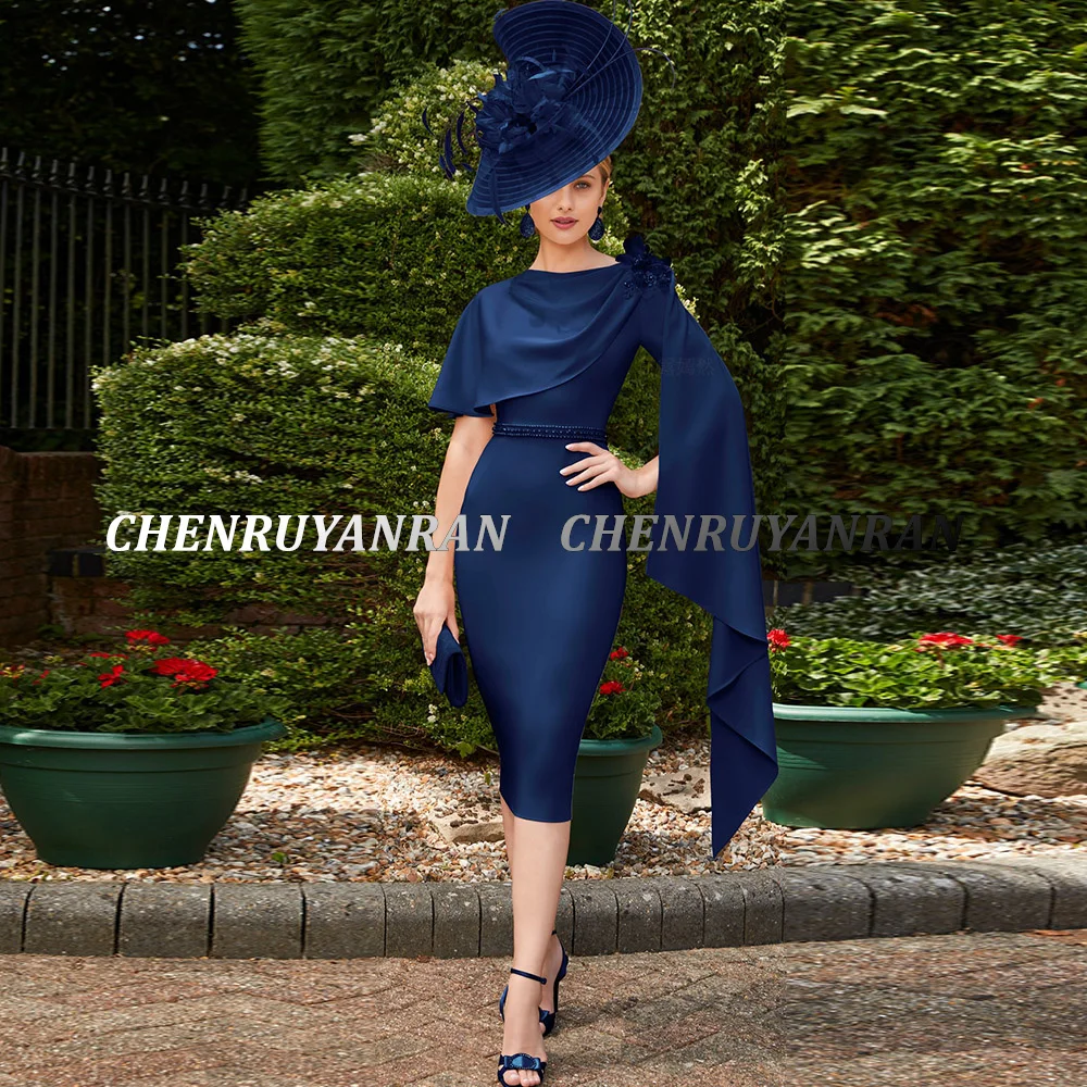 Simple Mother of the Bride Dresses 2022 3D Flower Sheath Wedding Guest Gowns Short Sleeves Elegant Dress Women For Wedding Party