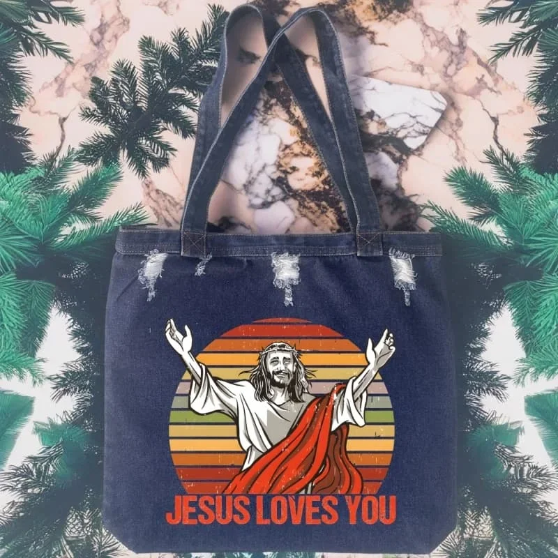 

Jesus I Saw That Retro Washed Denim Handbag Autumn Lazy Versatile Tote Bag Large Capacity Commuting Shoulder Bag for Women
