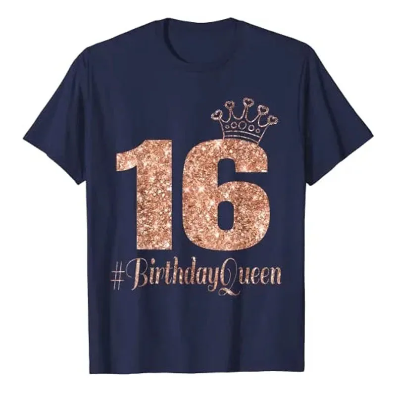 16th Birthday Queen Gift Teen Sweet Sixteen 16 Rose T-Shirt Girls Fashion B-day Tee Daughters Friends Gifts Short Sleeve Tops