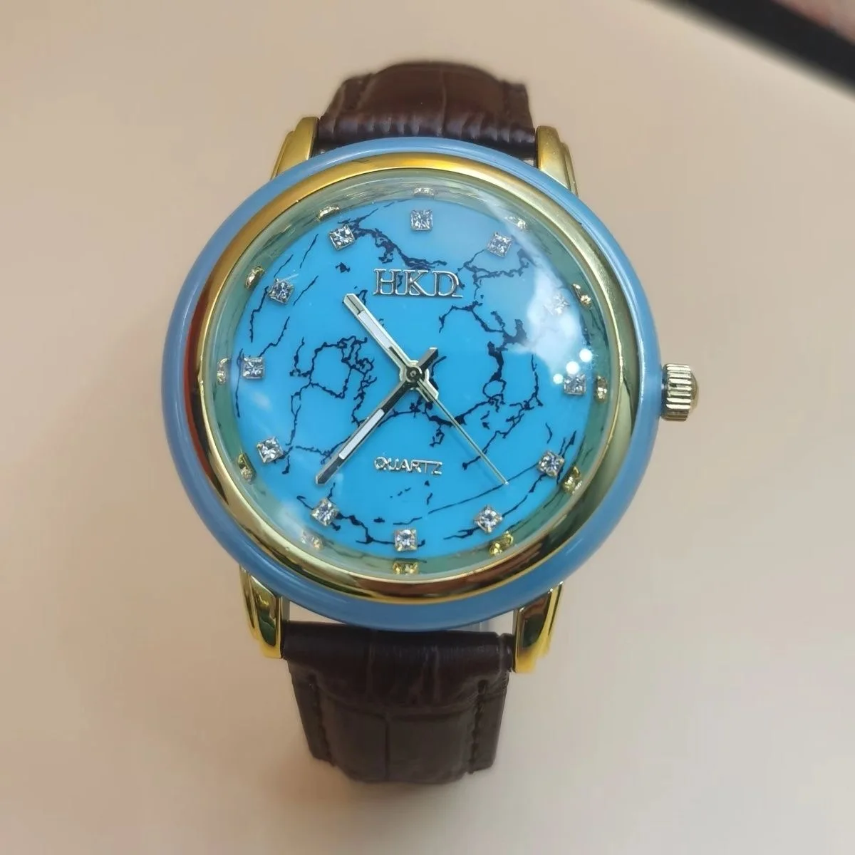 Natural Jade Stone Turquoise Watch Quartz Wristwatch Clock Male Luxury Blue Gemstone Case Dial Gold Color Bezel Diamond Reloj