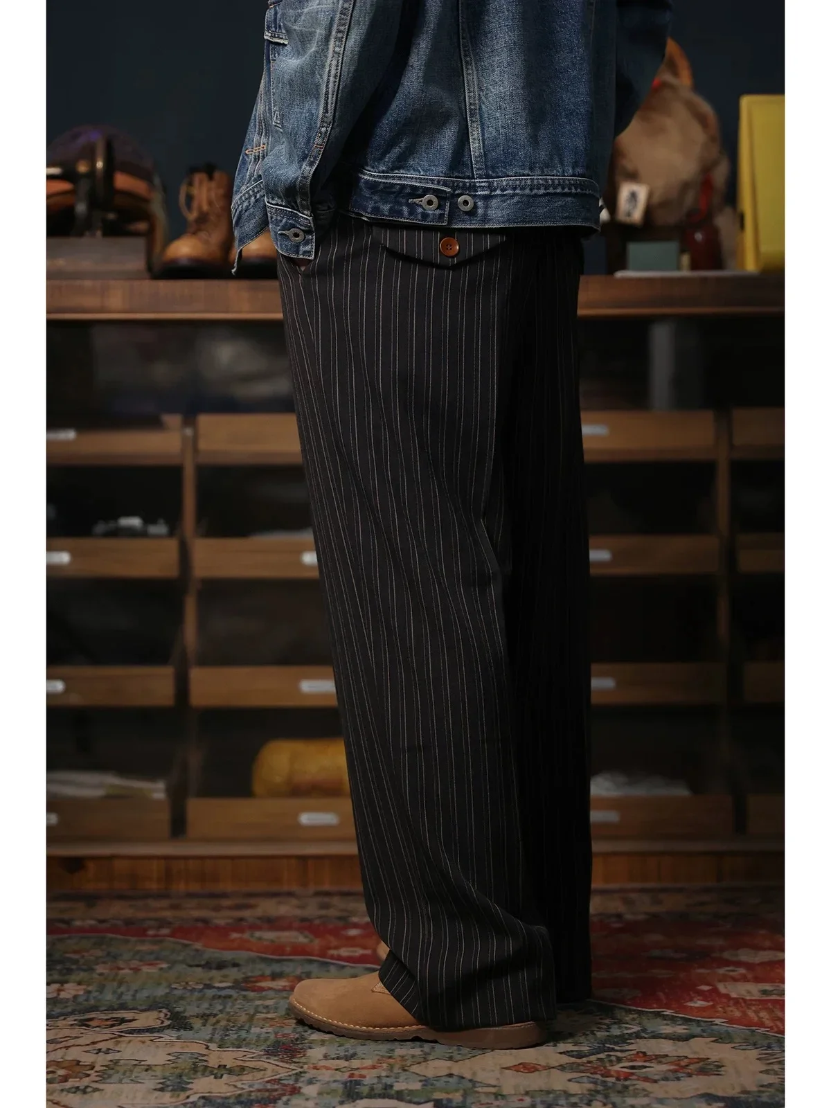 Celana Kasual Garis-garis Lipit Pesanan Kedua Celana Setelan Semi Formal Celana Panjang Longgar Lurus