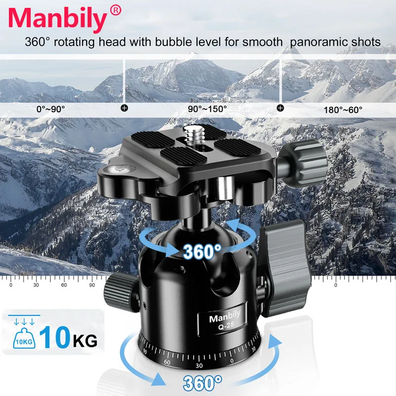 

Manbily Q-28 Tripod Ballhead Adapter with quick release Aluminum Alloy 360°Panorame Tripod Mount Max Load 10KG