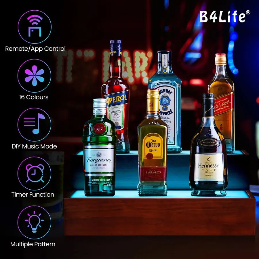 Rak Pajangan Botol Minuman Berlampu 16 Inci, Rak Bar LED 2 Tingkat, Rak Bar Minuman untuk Bar Rumah