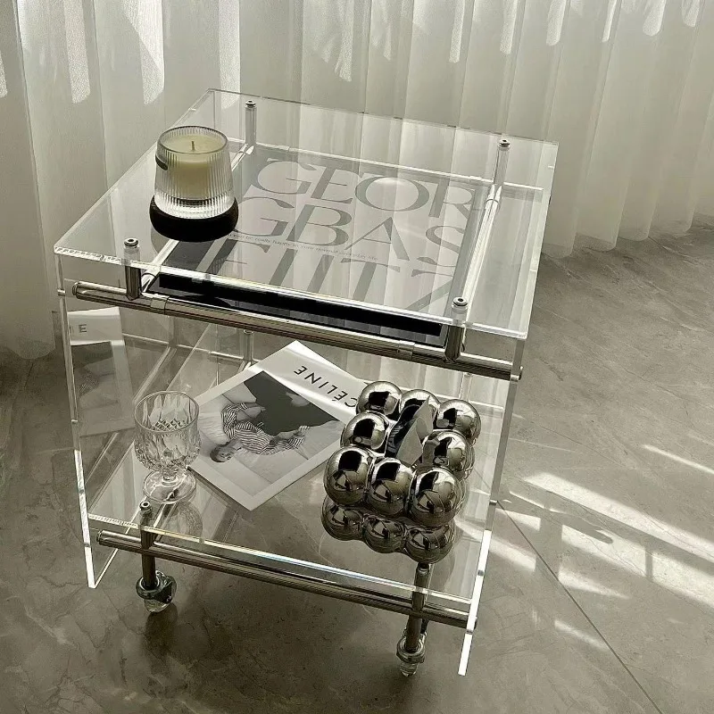 Modern minimalist style transparent acrylic trolley bedside table: essential mobile storage for living room/study/bedroom