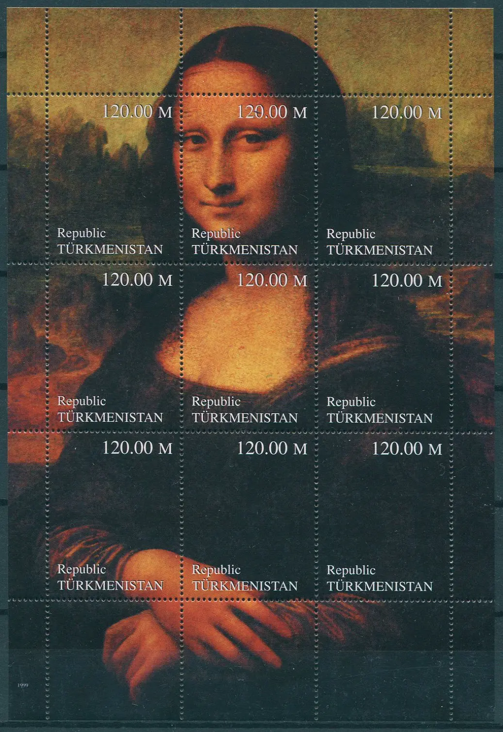 Sellos postales de Turkmenistán 1999, pintura de Mona Lisa, nueva hoja de recuerdo, 9 sellos coleccionables, Material de sellos postales para álbum de recortes