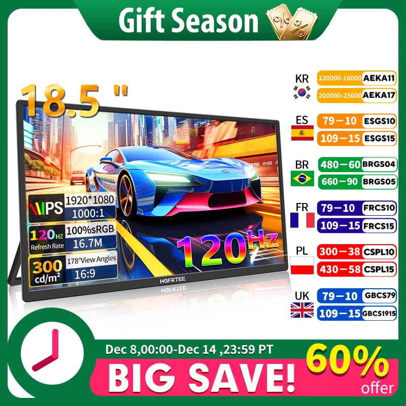 HGFRTEE moniteur de jeu Portable 18.5 pouces 1080P 16:09 120Hz 100% sRGB 300Cd/m2 écran de voyage pour MacBook ordinateur Portable consoles de jeux