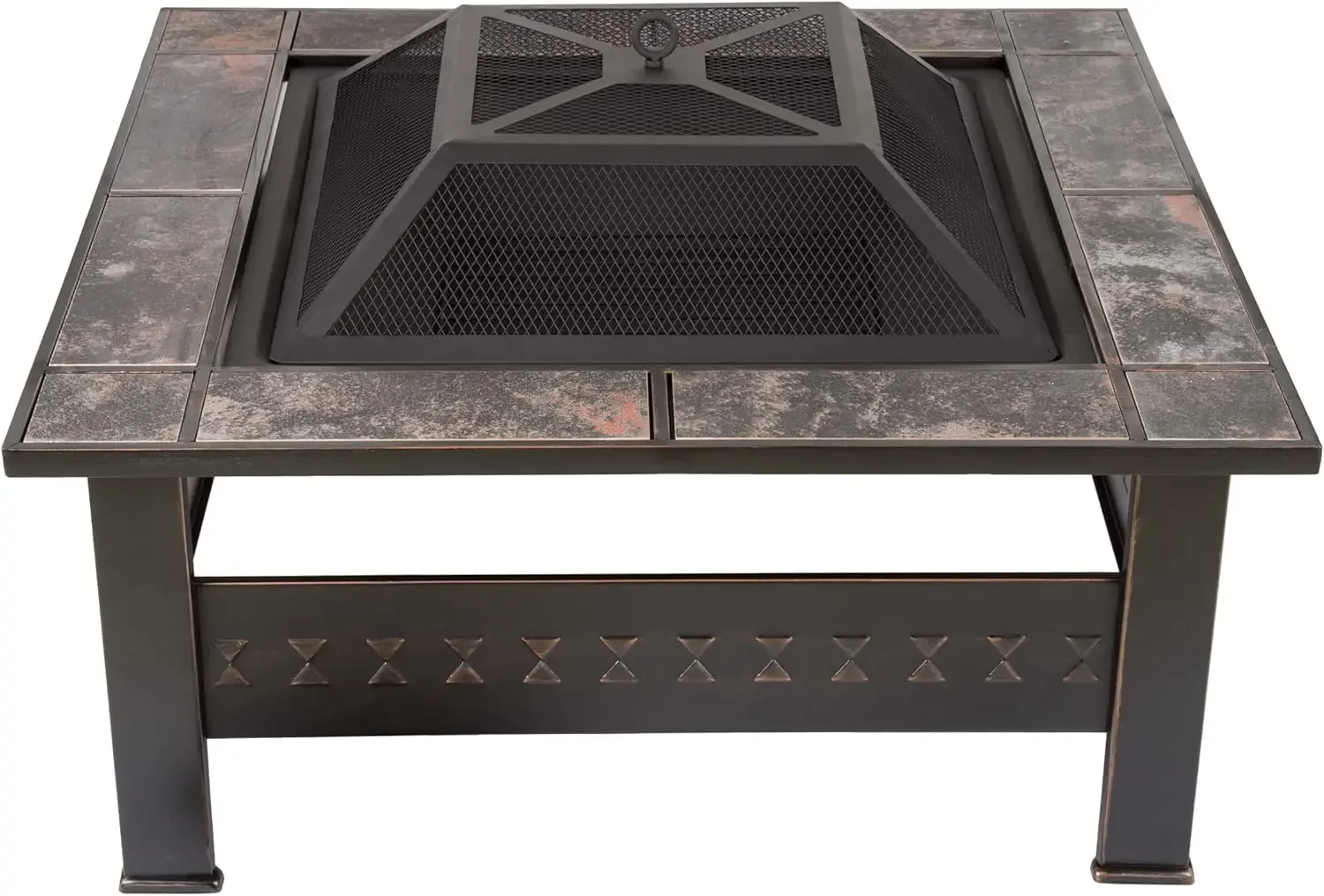 

32-Inch Square Wood Burning Fire Pit Table with Marble Tile Edge and Spark Screen - Perfect for Bonfires