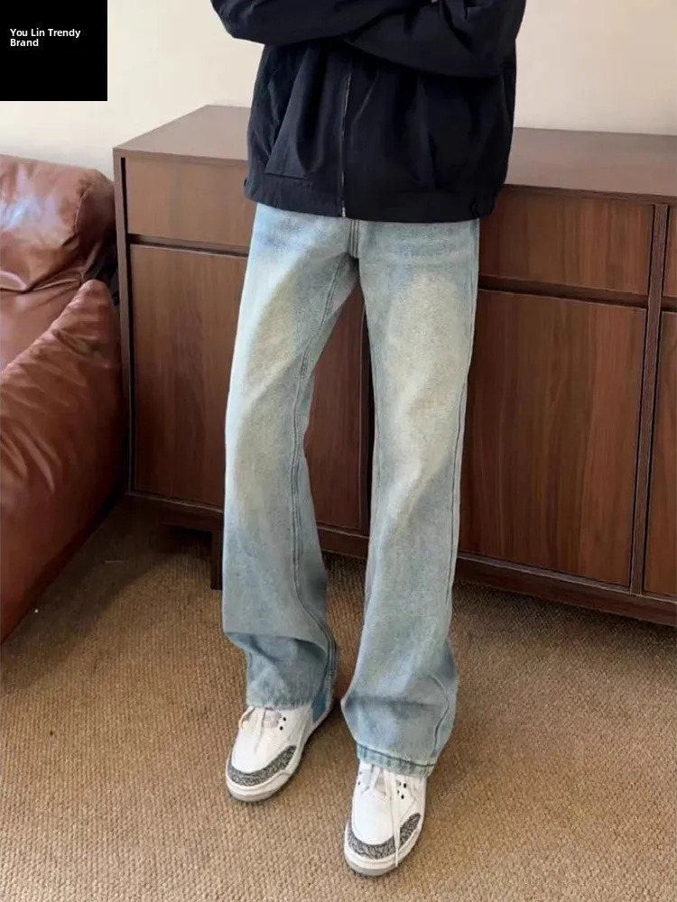 

Светло-голубые мужские джинсы-клеш с начесом для зимы, утепленные, в стиле High Street, с длинными штанинами, повседневные, прямого кроя, винтажные, с эффектом потертости