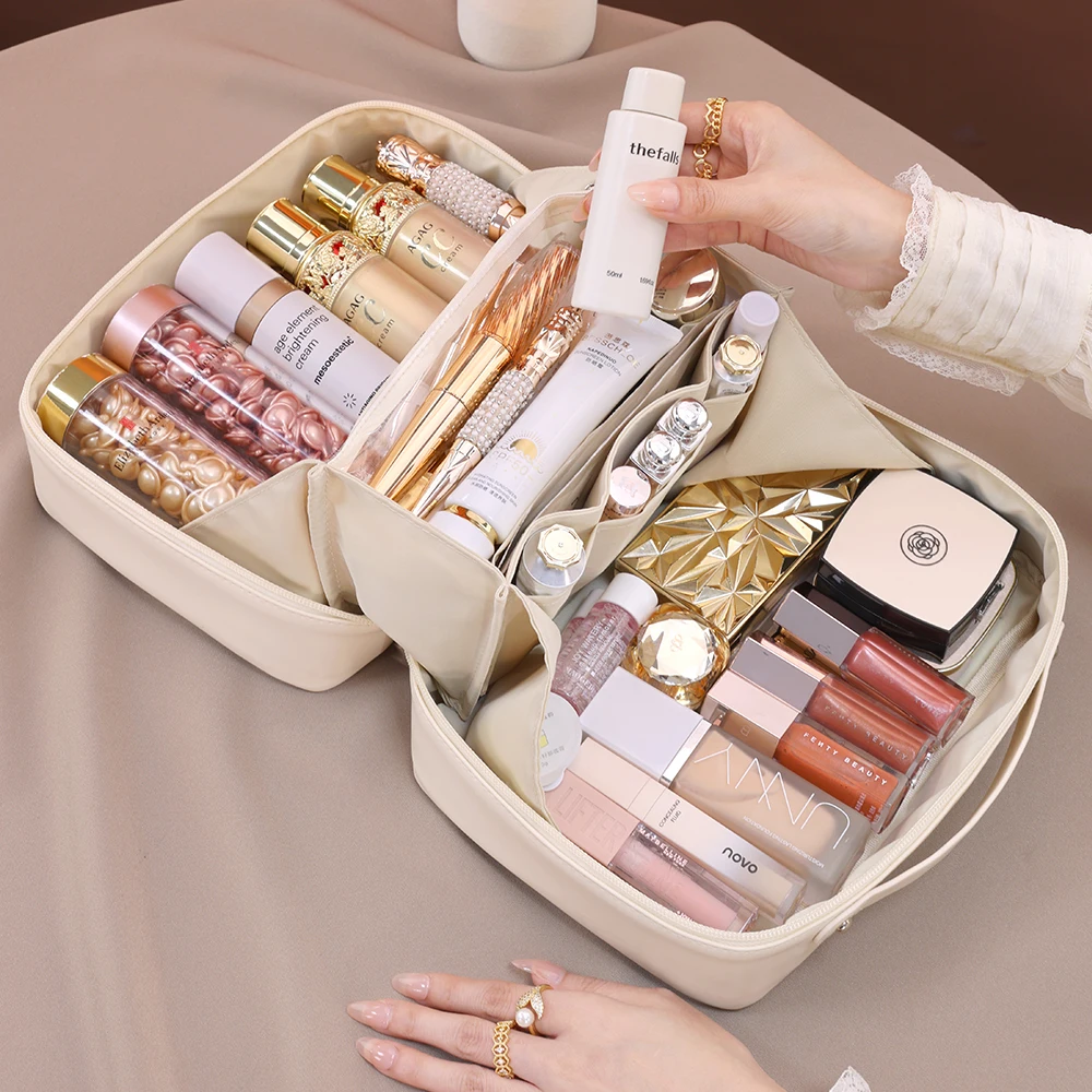 대용량 방수 PU 가죽 메이크업 가방 여성용 휴대용 여행 화장품 보관 가방 스킨 케어 워시 가방