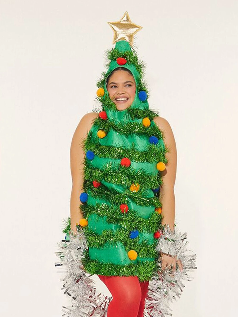 Christmas Tree Costume for Adults Women Mens Christmas Overall With Plush Ball Tinsel Outfits Funny Christmas Cosplay Party Prop