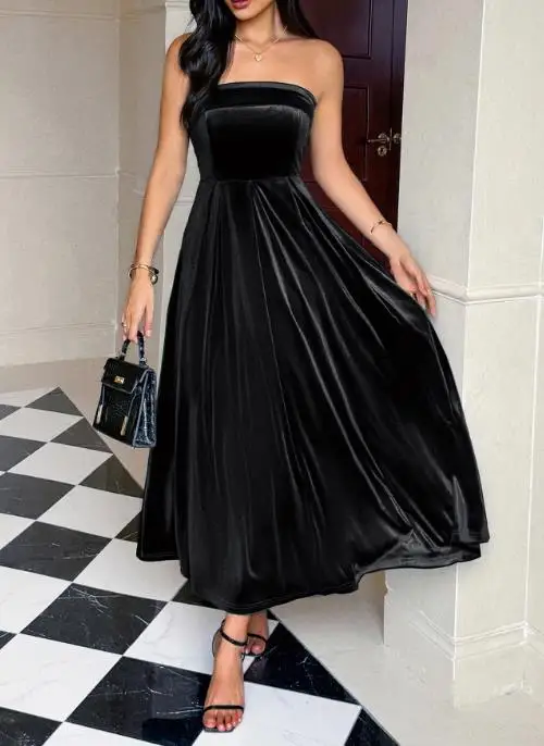 

Elegant Women's Dress Autumn New Fashion Female Daily Clothing Temperament Womens High Waist Sexy Bandeau Party A-Line Dresses