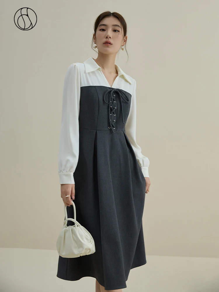 

DUSHU Contrast Color Sweet Temperament High Waist Dress Winter Dress Front Shoulder Bubble Sleeve Double Layer Twill Dress