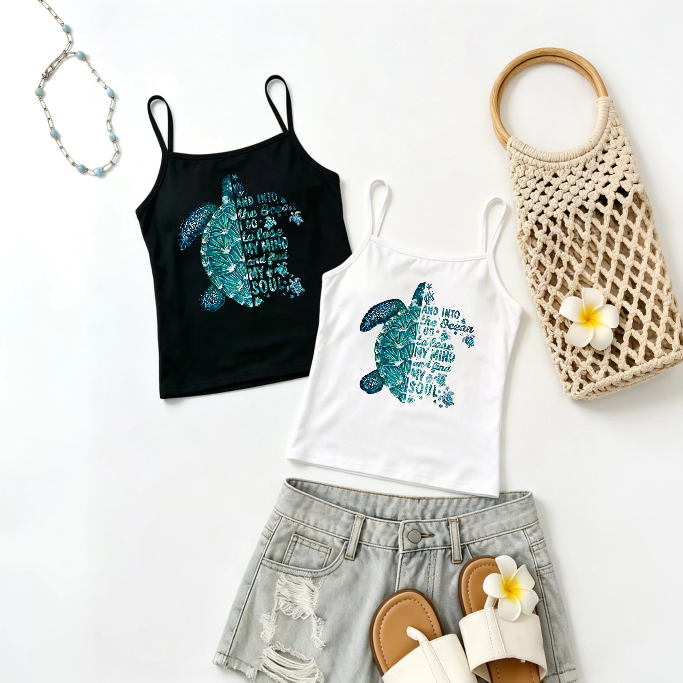 Vintage Watercolor Teal Sea Turtle Ocean Text Graphic Women Spaghetti Strap Camisole Aesthetic Sleeveless Vacation Summer Top