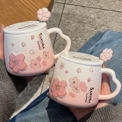 New High Beauty Mug with Lid Spoon Sakura Powder Household Lovely Breakfast Lovers Milk Coffee Mug Ceramic Mug