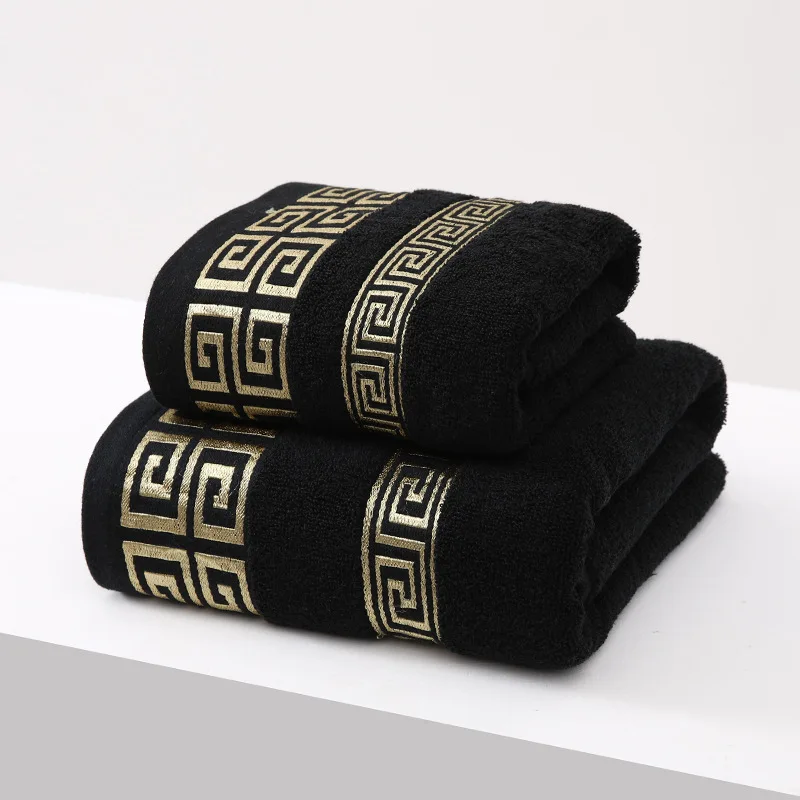 2PCS Black Cotton Towel Set 34x74cm Hand & Face Towels + 70x140cm Big Shower Bath Towel Absorbent for Home & Hotel Use