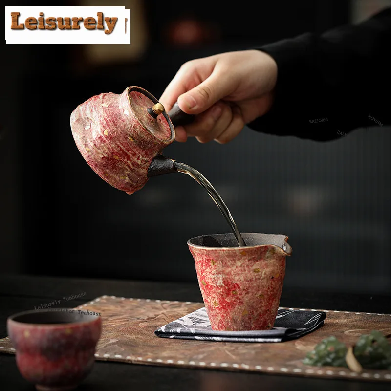 HOYIHM 140ml Rock Mine Red Coarse Pottery Side Handle Teapot Retro Tea Infuser Pot Tea Maker Kettle With Ball Hole Tea Set Gift